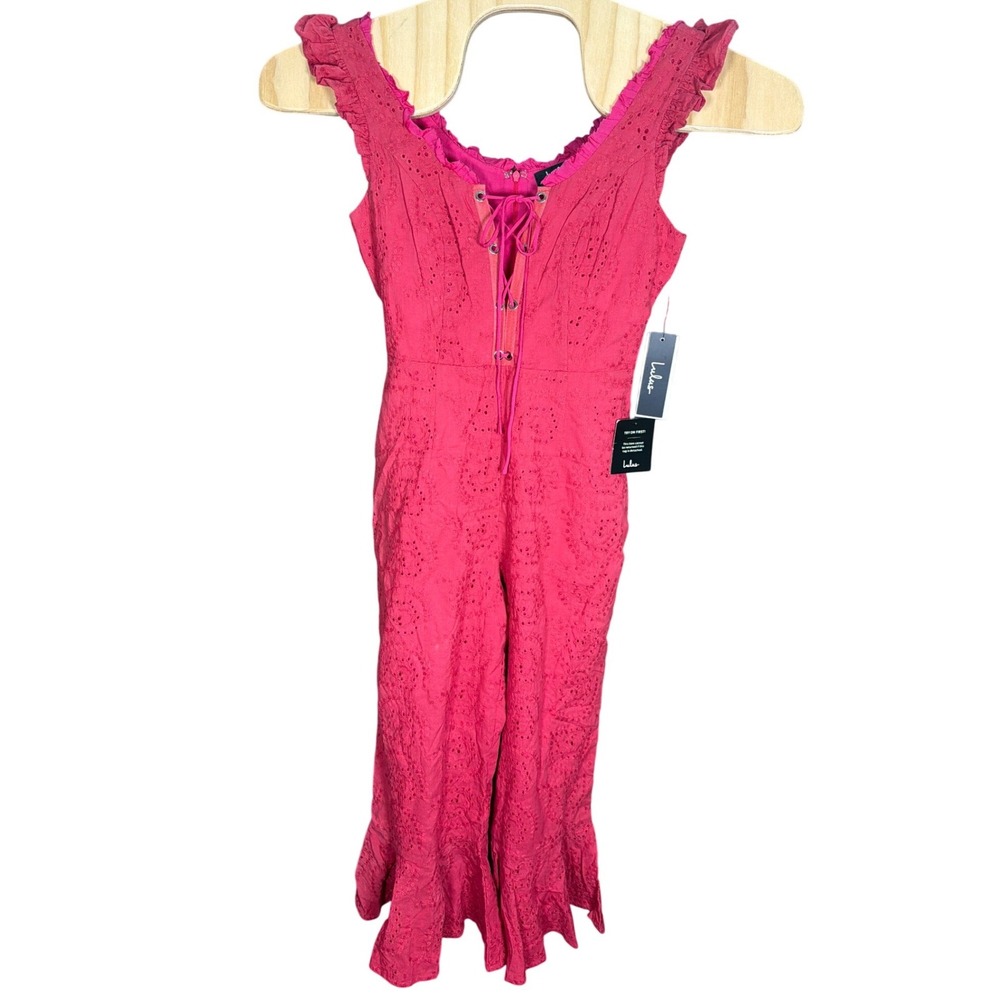 Lulus Pink Eyelet Embroidered Ruffle Lace Up Cropped Wide Leg Jumpsuit Small NWT